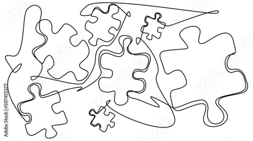 Doodle puzzles with one line on a white background. Abstract illustration with a simple puzzle. Flying disassembled puzzles in vector format.