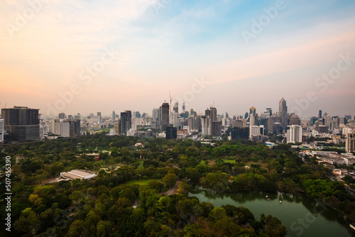 Beautiful top view of the skyline of Bangkok with Lumphini Park