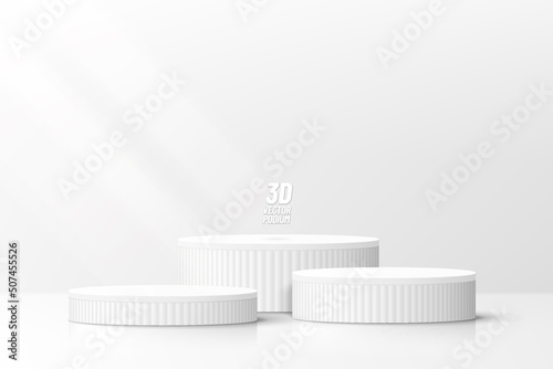 Abstract white clean 3D room with set of realistic steps cylinder pedestal podium. Minimal wall scene for mockup product display. Vector rendering geometric forms. Stage for showcase. Vector EPS10.