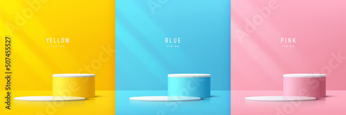 Set of abstract pastel 3D room with yellow, blue, pink and white realistic cylinder pedestal group. Abstract vector rendering geometric forms. Mockup product display. Minimal scene. Stage for showcase