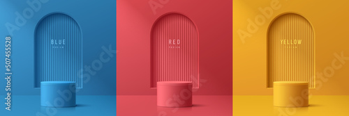 Set of abstract 3D room with yellow, blue, red realistic cylinder podium. Vertical line texture in arch window. Vector rendering geometric form. Mockup product display. Minimal scene. Stage showcase. photo