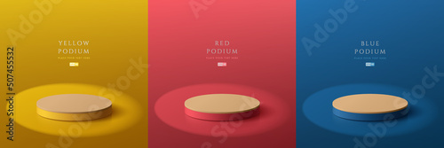 Set of yellow, dark blue, red and wood realistic 3d cylinder pedestal podium in abstract rooms with shadow overlay. Stage showcase, Product display. Vector rendering geometric forms. Minimal scene.
