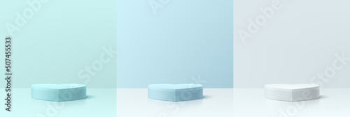 Set of green, blue and  white 3D abstract room with pedestal podium in heart shape. Pastel minimal scene for valentine product display. Vector rendering geometric forms. Stage showcase. Mother day.