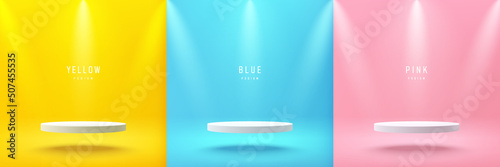 Set of yellow, blue and pink realistic 3d cylinder pedestal podium floating on air with spot lights. Abstract vector rendering geometric forms. Minimal scene. Stage showcase, Mockup product display.