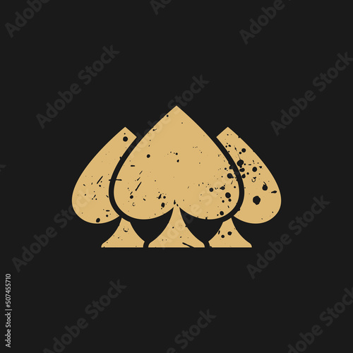 Golden poker playing cards grunge logo. Spades pyramid. Scratched Playing card deck, suit icon isolated on white. Casino, game, party symbol. Luck, mystery sign.