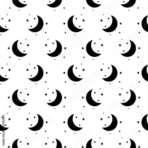 Seamless pattern with black half moon, crescents and stars on white background. Night, sky, dream, sleep ornament. Mystic, magic, sorcery wallpaper.