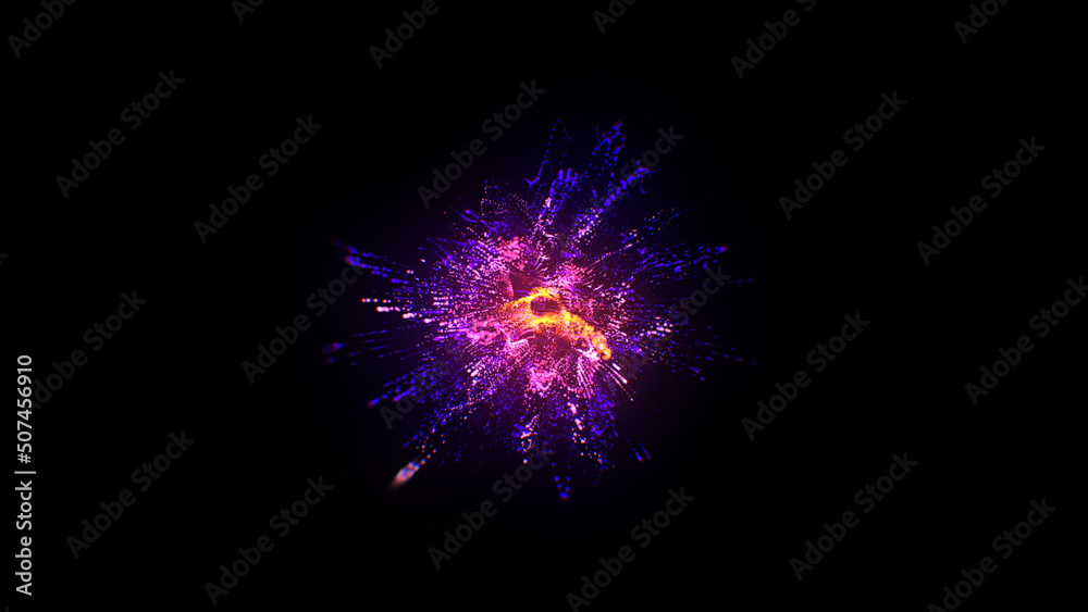 Fototapeta premium Particles splashes. Abstract backround. Glowing neon particle explosion. Purple and orange colors.