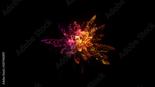Particles splashes. Abstract backround. Glowing neon particle explosion. Orange and pink color.