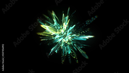 Particles splashes. Abstract backround. Glowing neon particle explosion. Green color.