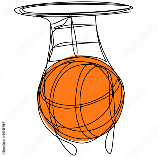 One line Orange basketball ball in the ring on a white background. Abstract illustration of hitting the target in sports.