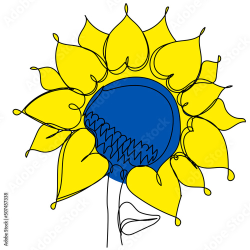 Sunflower in one line of blue-yellow color on a white background. Symbol of Ukraine, fertility, sunflower oil, farming. Abstract summer flower. Stock vector image.