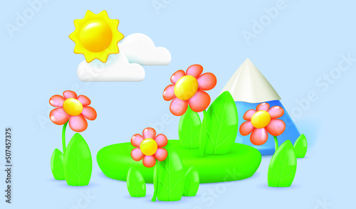 Cartoon landscape with 3D objects. Blue sky with sun and clouds  leaves  flowers and color mountain