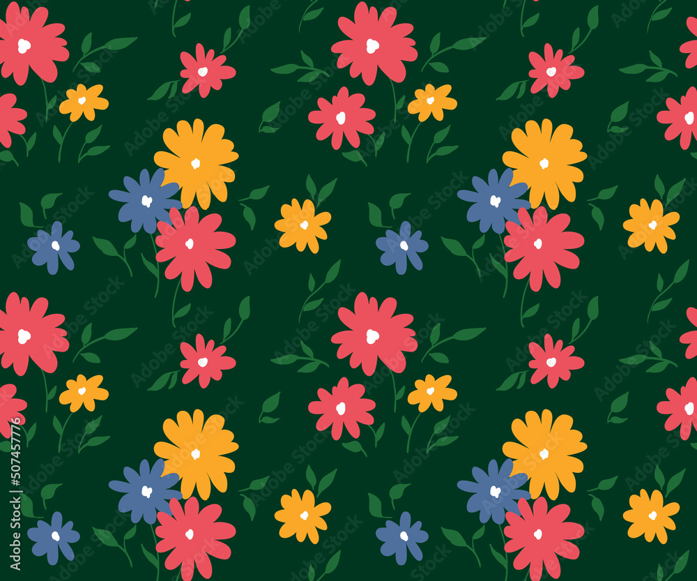 Seamless pattern with a simple and cute botanical composition on a green background. Summer floral print with small hand drawn flowers, tiny leaves, twigs. Vector illustration.
