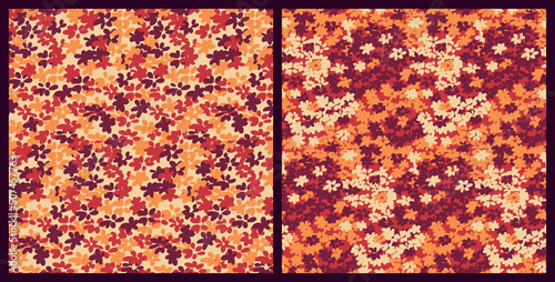 Seamless pattern with artistic flower meadow, small careless flowers in autumn colours. Liberty floral print, trendy botanical background with tiny plant field. Vector illustration.