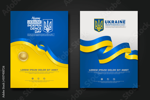 Set poster design Ukraine happy Independence Day background template with elegant ribbon-shaped flag, gold circle ribbon. vector illustration
