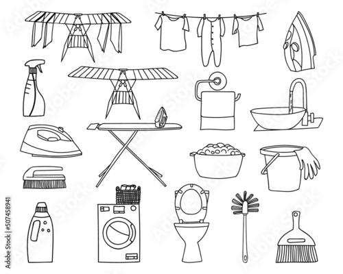 Laundry icons collection in vector. Doodle laundry icons set in vector. Hand drawn laundry illustrations in vector.
