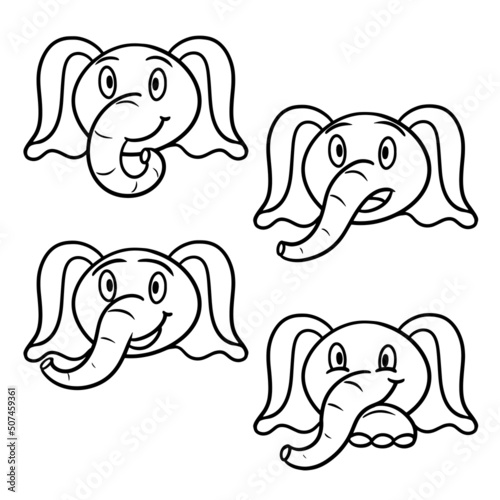 Vector . A set of animals  funny emotions of a cartoon elephant  a line. Monochrome illustration  coloring book.