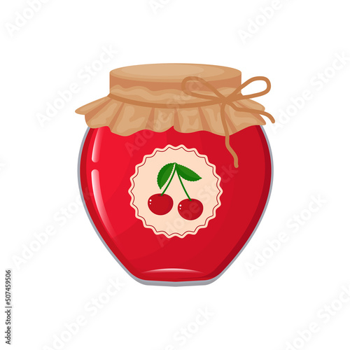 Natural organic homemade cherry berry jam in glass jar with tag and paper cover vector illustration