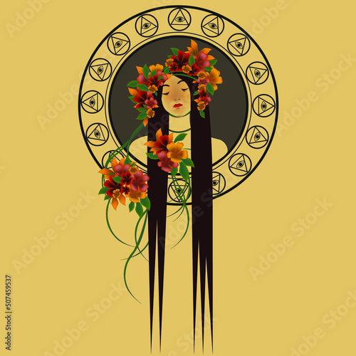 Medallion beautiful young girl goddess queen fairy empress sorceress soothsayer in magical plants and flowers with long hair
