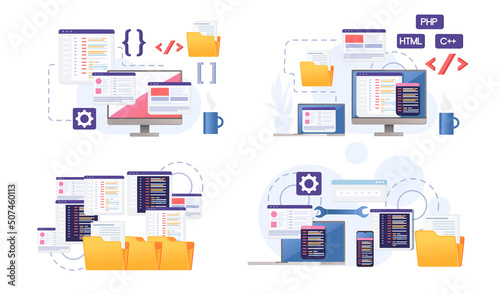Collection of Concept for development using programming languages with online sharing data vector illustration on white background