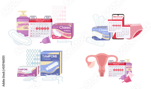 Collection of Menstruation calendar with napkins cotton pads and uterus women hygiene protection for critical days vector illustration on white background