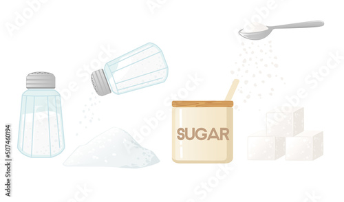 Glass and metal salt shaker with salt hill vector illustration on white background