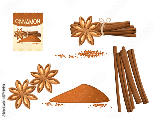 Set of cinnamon seasoning with whole stick and milled powder paper package vector illustration on white background