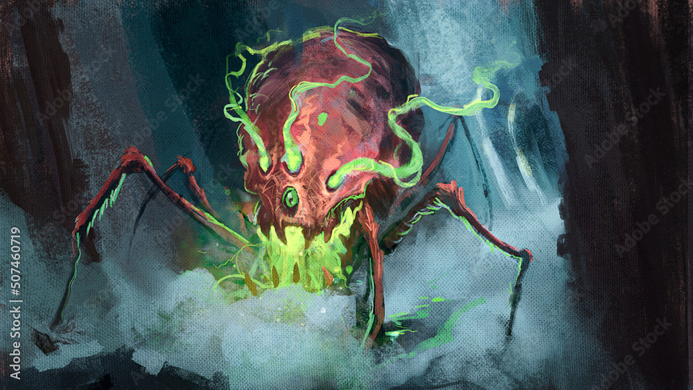 Obraz premium Digital painting of a giant poison skull spider walking through a foggy city street - fantasy illustration