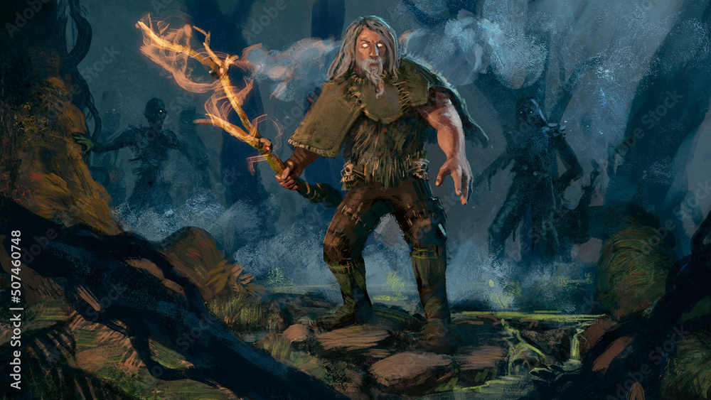 Naklejka premium Digital 3d illustration of a necromancer wizard casting a spell and raising dead minions - fantasy painting