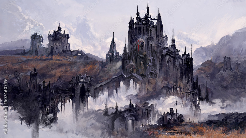 Naklejka premium Digital painting of a fantasy castle in the clouds in a low key color scheme and gothic architecture - fantasy illustration