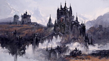 Leinwandbilder Aubergine Digital painting of a fantasy castle in the clouds in a low key color scheme and gothic architecture - fantasy illustration  © Dominick