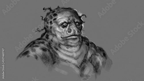 Digital portrait drawing of an overweight creature with tentacle hair - fantasy illustration