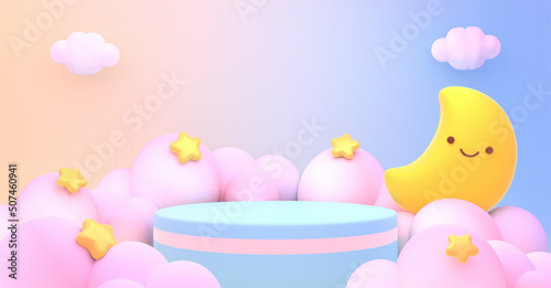 3d rendered product display podium and cute smiling moon.