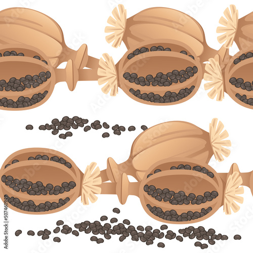 Seamless pattern of Poppy seed seasoning with head and milled paper package vector illustration