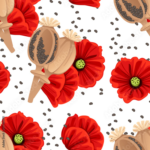 Seamless pattern of Poppy seed seasoning with head and milled paper package vector illustration