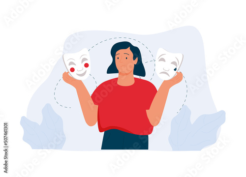 A young brunette woman in a red t-shirt holds masks with different emotions. Tired woman holds masks with positive.
