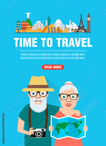 Old couple in travel. Journey of grandparents concept design flat banner. Vector illustration