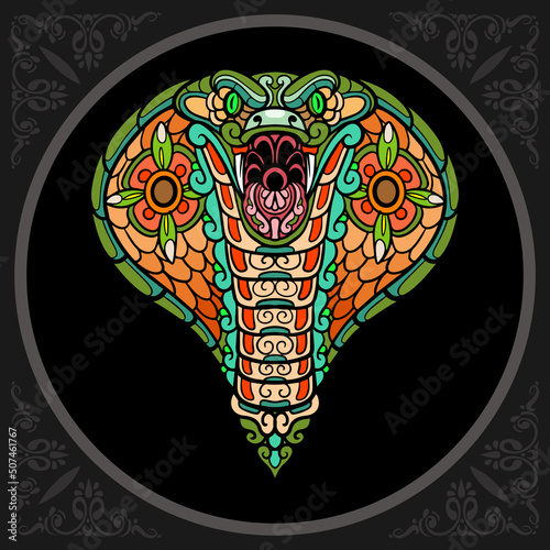 Colorful cobra head zentangle arts. isolated on black background.