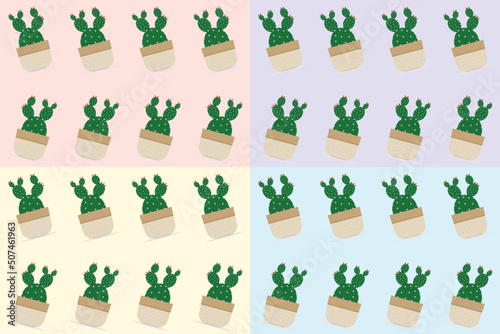 Cactus or Succulent plants collection with flower blooming in potted minimal style, Object on pattern background, Desert ornamental planting for home decoration and Hobbies, Set of cute shaped cactus.