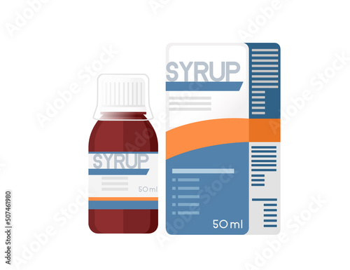 Medical syrop bottle with cardboard package glass bottle with cap cup vector illustration on white background