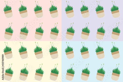 Cactus or Succulent plants collection with flower blooming in potted minimal style, Object on pattern background, Desert ornamental planting for home decoration and Hobbies, Set of cute shaped cactus.