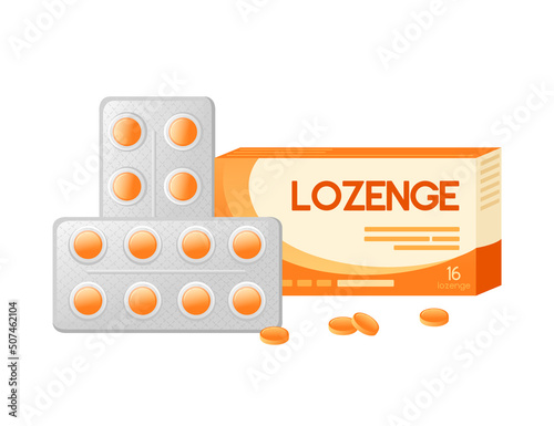 Orange lozenge in polyester transparent blister pack with cardboard package medical supply vector illustration on white background
