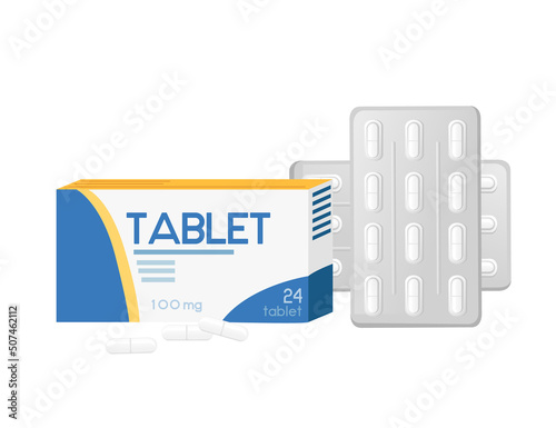 Tablet in polyester transparent blister pack with cardboard package medical supply vector illustration on white background