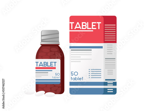 Tablet in glass bottle with cardboard package medical supply vector illustration on white background