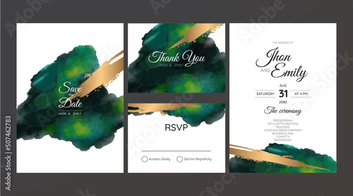Set of Wedding Invitation, floral invite, thank you, rsvp rustic card design with gold foil decoration. Vector elegant modern template, trendy cover, graphic poster, retro brochure, design template	
