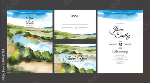wedding invitations, watercolor mountains, forest and rivers. 