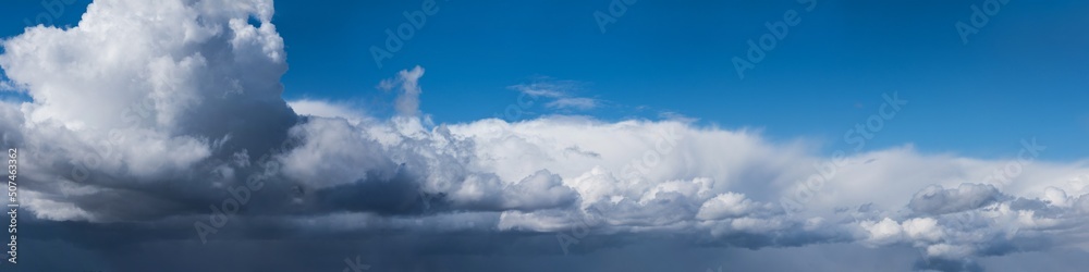 Panoranic gray and white overcast sky. Beautiful cloudscape over horizon, sky.