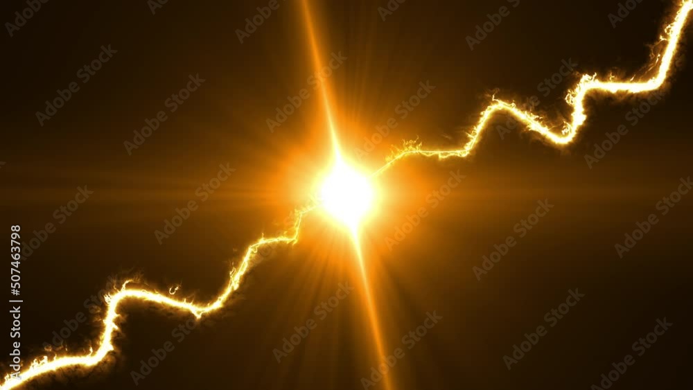 Electric discharge collision. Blue and red impulse shock energy explosion. Flash lightning effect isolated on black background. 3d animation. Sci fi future or fantasy thunderbolt element.