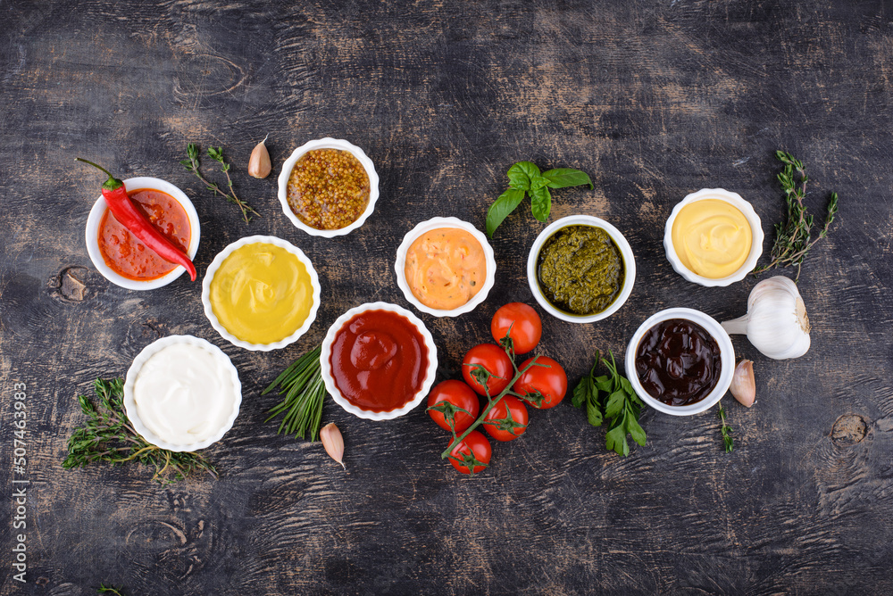 Set of different sauces. Ketchup, mustard and mayonnaise Set of different sauces. Ketchup, mustard and mayonnaise