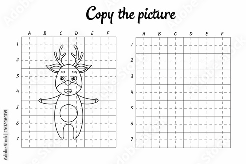 Copy the picture. Draw by grid. Coloring book pages for kids. Handwriting practice, drawing skills training. Education developing printable worksheet. Activity page. Cute cartoon vector illustration.